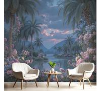 JEDTAKCT Papier Peint Panoramique Floral Flamant Rose, Papier Peint Mural Photo Motif Paysage Tropical Bleu Foncé, Tapisserie Panoramique Salon, Décoration Murale Chambre, 250X175Cm