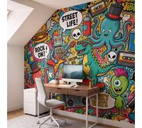 JEDTAKCT Papier Peint Panoramique Graffitis D'Animaux De Rue 400X280Cm Murale Photo | Robots Dinosaures Amusants Bleu Tapisserie Murales Papier Peint Intissé Pour Chambre Salon Fond Tv Muraux