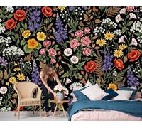 JEDTAKCT Papier Peint Panoramique Illustration Botanique Rétro Imprimé Floral Réaliste, 3D Papier Peint Format Xxl Murale Pour Salon Décoration Murale Chambre Enfant Noir 450X315Cm Tableaux Poster