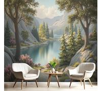 JEDTAKCT Papier Peint Panoramique Lac De La Vallée, Papier Peint Mural Photo Motif Paysage Végétal Vert Olive, Tapisserie Panoramique Salon, Décoration Murale Chambre, 250X175Cm