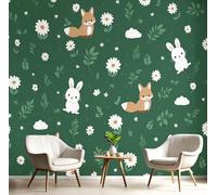 JEDTAKCT Papier Peint Panoramique Lapin De Dessin Animé Renard, Papier Peint Vert Foncé Motif Fleurs Mignonnes, Tapisserie Panoramique Salon Canapé Fond, Décoration Murale Chambre, 350X256Cm (Lxh)