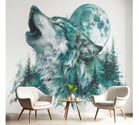 JEDTAKCT Papier Peint Panoramique Loup De Pleine Lune, Papier Peint Mural Photo Motif Aquarelle Animal De La Forêt Sarcelle, Tapisserie Panoramique Salon, Décoration Murale Chambre, 300X210Cm