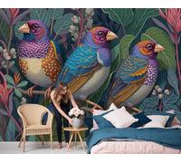 JEDTAKCT Papier Peint Panoramique Oiseaux Tropicaux 3D Bleu Vert 3D Mural Design, Tapisserie Photo Géante Pour Salon Décoration Murale Xxl Soie, Mural Fresque Animaux De La Forêt De Bohême 250X175Cm
