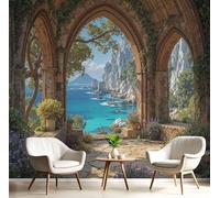 JEDTAKCT Papier Peint Panoramique Paysage De Montagne Océanique, Papier Peint Brun Motif Architecture Rurale, Tapisserie Panoramique Salon Canapé Fond, Décoration Murale Chambre, 400X280Cm (Lxh)