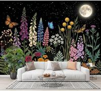 JEDTAKCT Papier Peint Panoramique Paysage Végétal Ciel Étoilé Noir | 300X210Cm, Fresque Murale Intissé Papillons Des Fleurs Sauvages, Papier Peint Pour Salon Chambre D'Enfants Décoration Murale