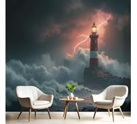 JEDTAKCT Papier Peint Panoramique Phare Rétro-Vague Paysage D'Orage De Foudre, 3D Papier Peint Format Xxl Murale Pour Salon Décoration Murale Chambre Enfant Noir 300 X 210 Cm Tableaux Poster