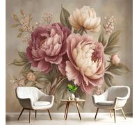 JEDTAKCT Papier Peint Panoramique Pivoine Élégante, Papier Peint Marron Motif Plantes Vintage, Tapisserie Panoramique Salon Canapé Fond, Décoration Murale Chambre, 150X105Cm (Lxh)