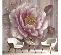 JEDTAKCT Papier Peint Panoramique Pivoine Feuille D'Or 3D, Papier Peint Rose Rouge Motif Rayures Végétales, Tapisserie Panoramique Salon Canapé Fond, Décoration Murale Chambre, 300X210Cm (Lxh)