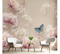 JEDTAKCT Papier Peint Panoramique Pivoine Gypsophile Floral, Papier Peint Marron Motif Papillon Vintage, Tapisserie Panoramique Salon Canapé Fond, Décoration Murale Chambre, 350X256Cm (Lxh)
