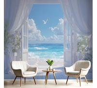 JEDTAKCT Papier Peint Panoramique Plage D'Été, Poster Geant Mural Personnalisé 3D, Vue Naturelle Depuis La Fenêtre Pour Salon Chambre D'Enfant Décoration Murale, Bleu Ciel Moderne Murales, 300X210Cm