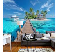 JEDTAKCT Papier Peint Panoramique Quai En Bois Vintage, Poster Geant Mural Personnalisé 3D, Île Tropicale Pour Salon Chambre D'Enfant Décoration Murale, Turquoise Moderne Murales, 250X175Cm