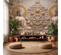 JEDTAKCT Papier Peint Panoramique Reliefs De Statues Thaïlandaises Brun 250X175Cm | Papier Peint Intissé Zen Roue Du Dharma Lotus Décoration Murale Chambre, Fresque Murale Pour Salon Fond Tv