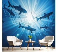JEDTAKCT Papier Peint Panoramique Requin Ondulations De L'Eau, Poster Geant Mural Personnalisé 3D, Animaux Marins Pour Salon Chambre D'Enfant Décoration Murale, Bleu Marine Moderne Murales, 250X175Cm