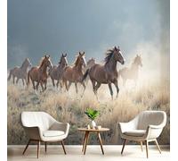 JEDTAKCT Papier Peint Panoramique Troupeau De Chevaux Dans Prairie, Poster Geant Mural Personnalisé 3D, Paysage Faunique Pour Salon Chambre D'Enfant Décoration Murale, Brun Moderne Murales, 300X210Cm