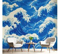 JEDTAKCT Papier Peint Panoramique Vagues Japonaises, Poster Geant Mural Personnalisé 3D, Illustration Ukiyo-E Pour Salon Chambre D'Enfant Décoration Murale, Bleu Blanc Moderne Murales, 200X140Cm
