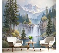JEDTAKCT Papier Peint Panoramique Vert Profond 400X280Cm - Revêtement Mural Pour Chambre Salon - Design Unique Décoration - Lac Cascade - Paysage Forestier - Motif Personnalisé Murale
