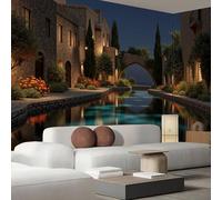 JEDTAKCT Papier Peint Paysage Architectural Médiéval, Papier Peint Panoramique 3D Pont De Pierre Rivière 300X210Cm, Papiers Peints Paysage Naturel Bleu Foncé Décoration Murale Salon Chambre