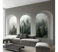 JEDTAKCT Papier Peint Paysage Forestier Brumeux, Papier Peint Panoramique 3D Architecture Moderne En Arche 300X210Cm, Papiers Peints Paysage Naturel Beige Décoration Murale Salon Chambre