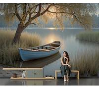 JEDTAKCT Papier Peint Paysage Lacustre Rétro, Papier Peint Panoramique 3D Bateau Ancien En Bois Vert Olive Pour Salon Chambre Bureau Couloir, Décoration Murale Poster Intérieure Grande, 300 X 210 Cm