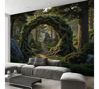 JEDTAKCT Papier Peint Photo Panoramique 3D Arche Mystérieuse En Forêt Vert Foncé Papier Peint Paysage Naturel, Tapisserie Panoramique Salon, Décoration Mural Bureau Enfants Chambre 200X140Cm