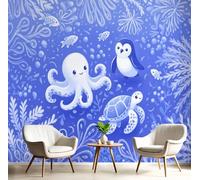 JEDTAKCT Papier Peint Pingouin Tortue, Papier Peint Panoramique Motif Thème Océan Mignon, Fresque Murale 400X280Cm, Décoration Image Murale Bleu Royal Pour Salon Chambre Bureau Tv Artistique