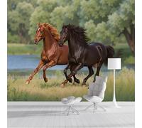 JEDTAKCT Papier Peint Printemps Prairie Cheval, Papier Peint Panoramique 3D Animaux Sauvages Vert Forêt Pour Salon Chambre Bureau Couloir, Décoration Murale Poster Intérieure Grande, 450X315Cm