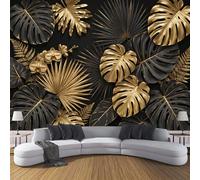 JEDTAKCT Papier Peint Relief Végétal De Luxe, Papier Peint Panoramique Monstera Délicieuse Tropicale Pour Salon Chambre Bureau Couloir Tv Fond, Décoration Photo Murale, 450 X 315 Cm (L X H), Or Noir
