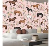 JEDTAKCT Papier Peint Romantique Fleurs Chevaux, Papier Peint Panoramique Thème Animaux Mignons Rose Pour Salon Chambre Bureau Couloir Arrière-Plan Tv, Décoration Murale 3D, 300X210Cm (L X H)