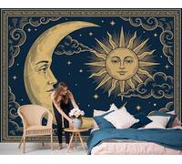 JEDTAKCT Papier Peint Soie Lune Mystérieuse Soleil, Papier Peint Panoramique Art Du Tarot Rétro Bleu Marine Pour Salon Chambre, Xxl Moderne Déco Murale Maison, Décoration Photo Murale 250 X 175 Cm