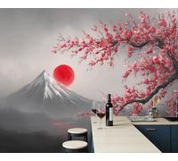 JEDTAKCT Papier Peint Soleil Mont Fuji Fleurs, Papier Peint Panoramique Paysage Japonais Rouge Et Noir Pour Salon Chambre Bureau Couloir, Décoration Murale Poster Intérieure, 400X280Cm (L X H)