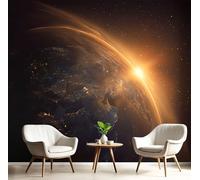 JEDTAKCT Papier Peint Soleil Terre, Papier Peint Panoramique Motif Paysage Planétaire Cosmique, Fresque Murale 300X210Cm, Décoration Image Murale Ambre Pour Salon Chambre Bureau Tv Artistique