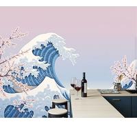 JEDTAKCT Papier Peint Vagues Japonaises Fleurs Paysage Ukiyo-E 350X256Cm Papier Peint Panoramique 3D Grandes Poster Revêtement Mural Photo Bleu Poudré Pour Salon Chambre Décor Fond Tv