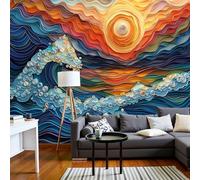 JEDTAKCT Papier Peint Vagues Rayées En 3D Soleil Paysage En Quilling 400X280Cm Papier Peint Panoramique 3D Grandes Poster Revêtement Mural Photo Bleu Marine Pour Salon Chambre Décor Fond Tv