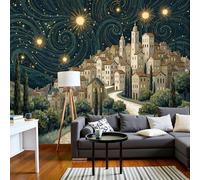 JEDTAKCT Papier Peint Vortex Luxueux Du Ciel Étoilé, Papier Peint Panoramique Cité Médiévale Noir Pour Salon Chambre Bureau Couloir, Décoration Murale Poster Intérieure, 200X140Cm (L X H)