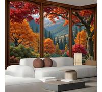 JEDTAKCT Papier Peint Vue Sur Forêt D'Automne Par Fenêtre Montagnes Naturelles 450X315Cm Papier Peint Panoramique 3D Grandes Poster Revêtement Mural Photo Orange Pour Salon Chambre Décor Fond Tv