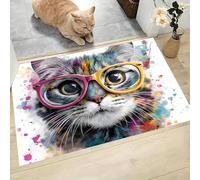 JEDTAKCT Petit Tapis D'Entrée Fin Lavable, 50X80Cm, Petit Tapis De Cuisine pour Entrée, Paillasson Intérieur Mignon Lunettes Chat Animal Éclaboussé pour Porte Salle De Bain Buanderie, Blanc