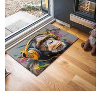 JEDTAKCT Petit Tapis D'Entrée Fin Lavable, 60X90Cm, Petit Tapis De Cuisine pour Entrée, Paillasson Intérieur Graffiti Casque Audio Gorille Animaux des Rues pour Porte Salle De Bain Buanderie, Gris