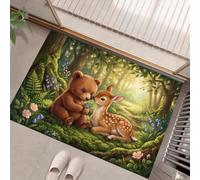 JEDTAKCT Tapis Absorbant Antidérapant Forêt des Animaux De Conte De Fées pour Entrée | 40X60Cm, Paillasson Lavable Petit Doux Soleil Ours Cerf Vert Foncé pour Cuisine, Salle De Bain, Décoration