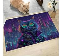 JEDTAKCT Tapis Absorbant Chat Punk Ville, Paillasson D'Entrée Sol Antidérapant Lavable avec Microfibres Douces Animal Futuriste pour Chien Entrée Porte Et Couloir, Bleu-Violet, 45X75Cm