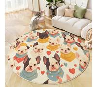 JEDTAKCT Tapis Beige 80 Cm, Tapis À Poils Courts Lavable Rond Antidérapant Doux Confortable, Bouledogue Français Mignon Animaux Rétro Moquette pour Salon Chambre Cuisine Et Chambre d'enfant