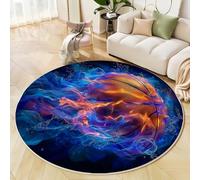 JEDTAKCT Tapis Bleu Foncé 160 Cm, Tapis À Poils Courts Lavable Rond Antidérapant Doux Confortable, Basket-Ball Flamme Nuages Fantastiques Moquette pour Salon Chambre Cuisine Et Chambre d'enfant
