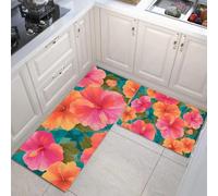JEDTAKCT Tapis Cuisine Antiderapant Ntidérapant Lavable, Hibiscus Dessiné À La Main, Tapis De Cuisine Anti-Fatigue Au Fleurs Tropicales Turquoise pour Couloir Salle À Manger Devant Evier Entrée Porte