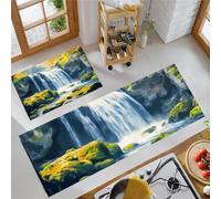 JEDTAKCT Tapis Cuisine Antiderapant Résistant Taches Jaune Vert, 2 Pièces Imprimés Vallée des Cascades, Tapis De Cuisine Anti-Fatigue Lavable Forêt d'automne pour Couloir Couloir Salle Manger