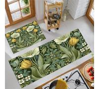 JEDTAKCT Tapis Cuisine Antiderapant Résistant Taches Vert Olive, 2 Pièces Imprimés Tulipe Vintage, Tapis De Cuisine Anti-Fatigue Lavable Plantes Baroques pour Couloir Couloir Salle Manger