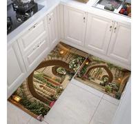 JEDTAKCT Tapis De Cuisine De Architecture Médiévale 2 Pièces, Ensemble De Tapis De Cuisine Lavable Ville Nordique, Paillasson Antidérapant Beige pour D'Entrée Salle De Bain, 50X80Cm+50X150Cm