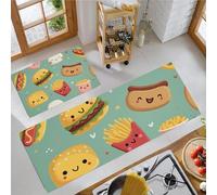 JEDTAKCT Tapis De Cuisine De Burger Amusant 2 Pièces, Ensemble De Tapis De Cuisine Lavable Nourriture De Dessin Animé, Paillasson Antidérapant Vert Foncé pour D'Entrée Salle De Bain, 44X75+44X120Cm