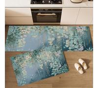 JEDTAKCT Tapis De Cuisine Feuilles D'Eucalyptus Aquarelle, 44X75+44X120Cm, Esthétique Végétale Tapis Couloir Long Antidérapant Anti-Fatigue Lavable en Machine, pour Entrée Couloir Décor, Turquoise