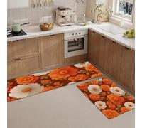 JEDTAKCT Tapis De Cuisine Fleurs De Marguerite À La Mode, 50X80+50X150Cm, Plantes des Années 70 Tapis Couloir Long Antidérapant Anti-Fatigue Lavable en Machine, pour Entrée Couloir Décor, Orange