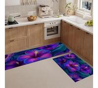 JEDTAKCT Tapis De Cuisine Hibiscus Psychédélique Tropical, 44X75+44X120Cm, Forêt Végétale Tapis Couloir Long Antidérapant Anti-Fatigue Lavable en Machine, pour Entrée Couloir Décor, Bleu-Violet