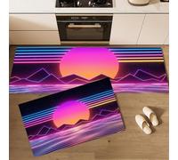 JEDTAKCT Tapis De Cuisine Lot De 2 Lavable Coucher De Soleil Rétro Néon | Paillasson Devant D'Évier Antidérapant Montagnes Rayées du Futur, Absorbant Tapis De Sol pour Bureau, Violet, 40X60+40X120Cm